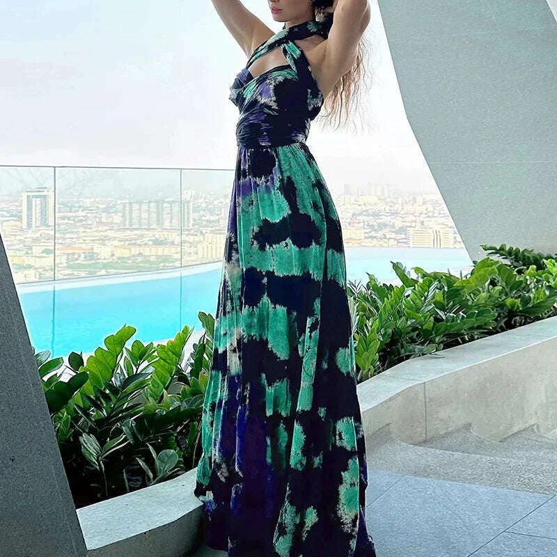 KIMLUD, Casual Elegant Tie Dye Dresses for Women Summer Sexy Sleeveles Neck Strap Bandage Backless Fashion PrintedFemale Party Dress, KIMLUD Womens Clothes