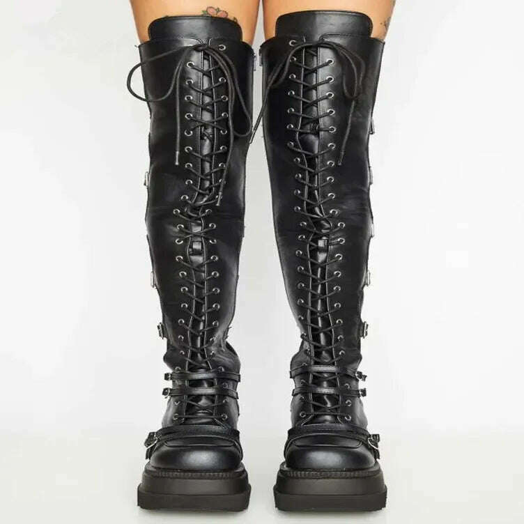 KIMLUD, Casual High Sock Boots Women's Slope Sided Belt Leather Buckle Knee Length Stockings Winter Season Overstock, KIMLUD Womens Clothes