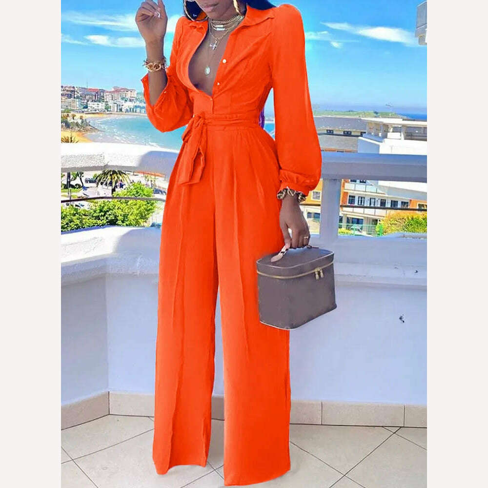 KIMLUD, Casual Jumpsuit For Women Spring Summer 2023 New Fashion Solid Color Lace Up Shirt Collar Two-Piece Suit Jumpsuits, Orange / S, KIMLUD Women's Clothes