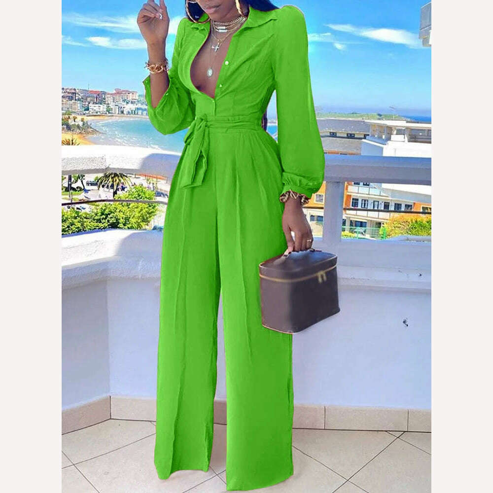 KIMLUD, Casual Jumpsuit For Women Spring Summer 2023 New Fashion Solid Color Lace Up Shirt Collar Two-Piece Suit Jumpsuits, Green / S, KIMLUD Womens Clothes