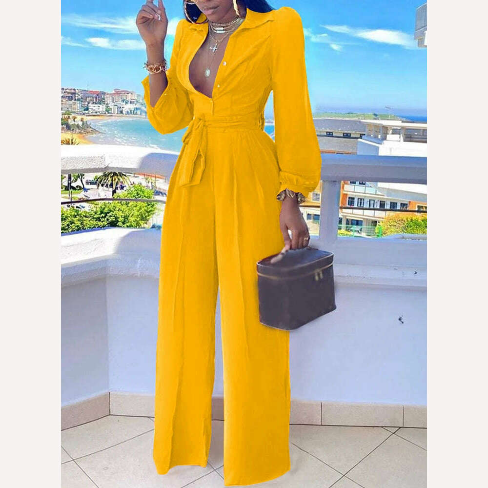 KIMLUD, Casual Jumpsuit For Women Spring Summer 2023 New Fashion Solid Color Lace Up Shirt Collar Two-Piece Suit Jumpsuits, Yellow / S, KIMLUD Womens Clothes