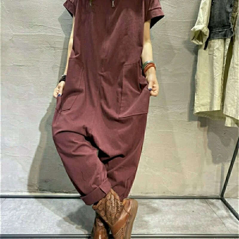Casual Jumpsuits New Summer Thin Loose Oversized Slim Short-sleeved Playsuits Casual Solid Pocket Vintage Overalls for Women - KIMLUD