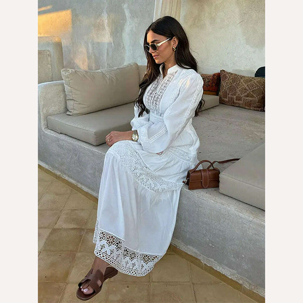 KIMLUD, Casual Lace Patchwork Women Maxi Dress Female V-neck Long Sleeve Hollow Out Dresses 2024 Spring Lady Beach Party Loose Robes, KIMLUD Womens Clothes