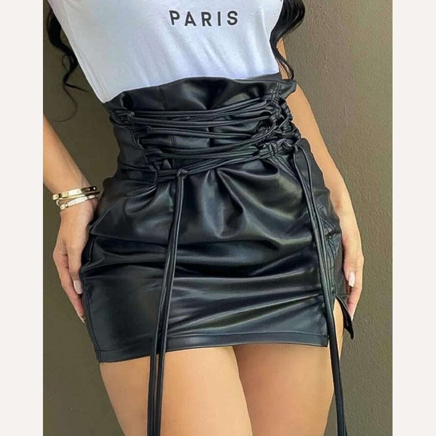 KIMLUD, casual Lace-up High Waist PU Leather Mini Slit Skirt y2k clothes women's outfits female clothing new fashion womens bottom black, KIMLUD Women's Clothes