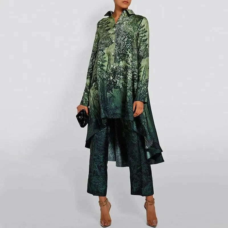 KIMLUD, Casual Office Asymmetrical Suits Retro Pattern Printed Two-piece Sets Female Lapel Button Hem Shirt with Straight Pants Outfits, 01 Dark Green / S, KIMLUD Womens Clothes