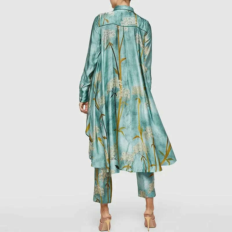 KIMLUD, Casual Office Asymmetrical Suits Retro Pattern Printed Two-piece Sets Female Lapel Button Hem Shirt with Straight Pants Outfits, KIMLUD Womens Clothes