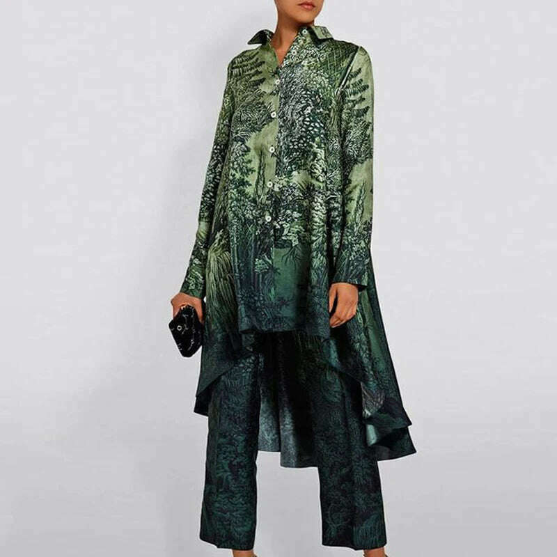 KIMLUD, Casual Office Asymmetrical Suits Retro Pattern Printed Two-piece Sets Female Lapel Button Hem Shirt with Straight Pants Outfits, KIMLUD Womens Clothes
