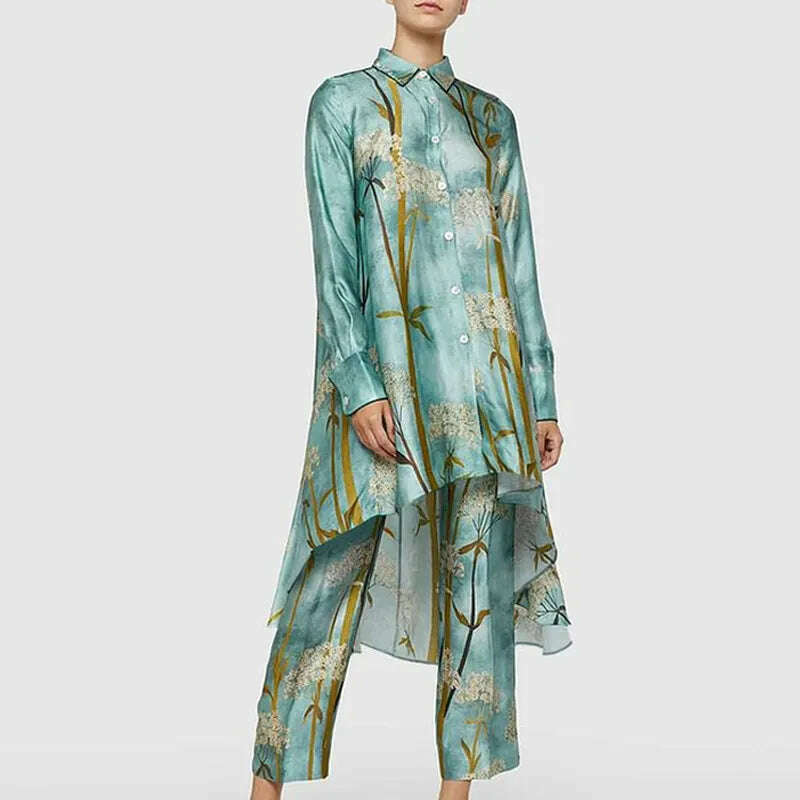 KIMLUD, Casual Office Asymmetrical Suits Retro Pattern Printed Two-piece Sets Female Lapel Button Hem Shirt with Straight Pants Outfits, KIMLUD Womens Clothes
