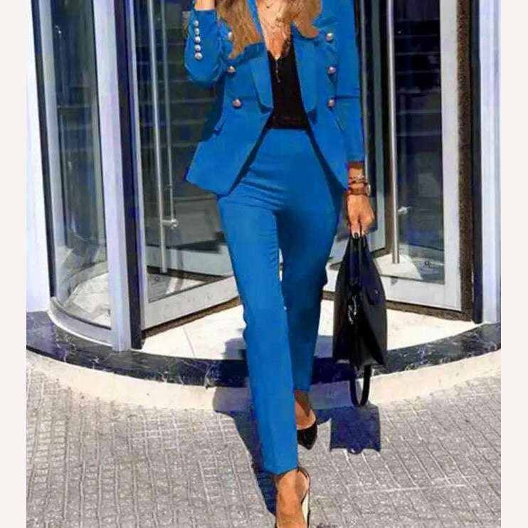 KIMLUD, Casual Open Front Blazers Sets Red Pencil Pants Set Long Sleeve Work Office Jacket Blazer Suit Two Piece Office Lady Outfits, KIMLUD Womens ClothesKIMLUD, Casual Open Front Blazers Sets Red Pencil Pants Set Long Sleeve Work Office Jacket Blazer Suit Two Piece Office Lady Outfits, Blue / S, KIMLUD APPAREL - Womens Clothes