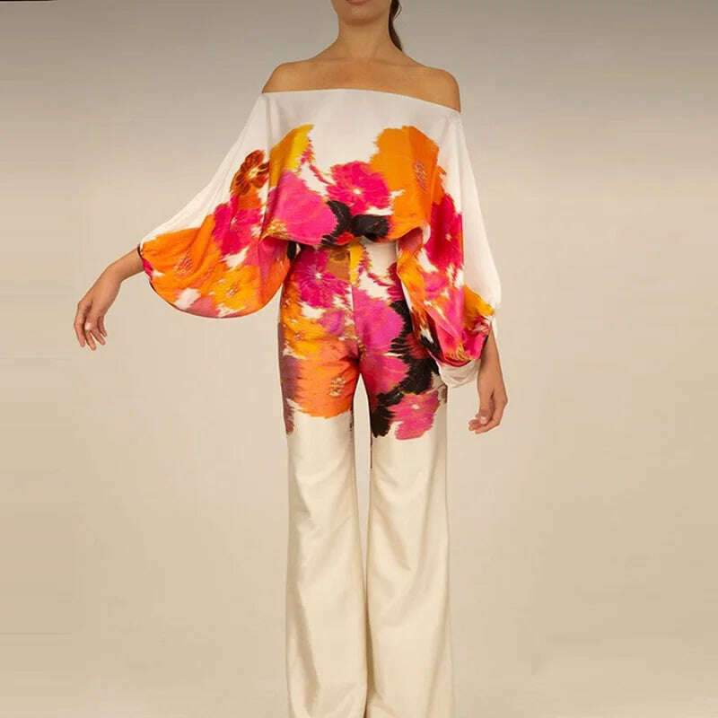 Casual Satin Commuting Suit Fashion Hollow Off Shoulder Tops With Long Pants Women 2 Piece Sets 2023 Spring Loose Print Outfits - KIMLUD