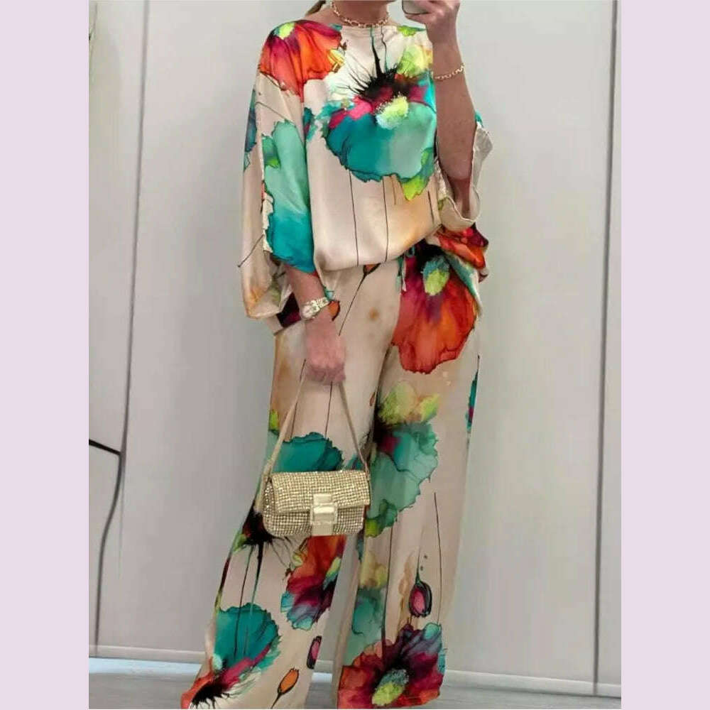 KIMLUD, Casual Sets for Women 2 pieces Summer Fashion Printed Satin Two Piece Sets Women Sexy Round Neck Top+Wide Leg Long Pants Outfits, KIMLUD Womens Clothes