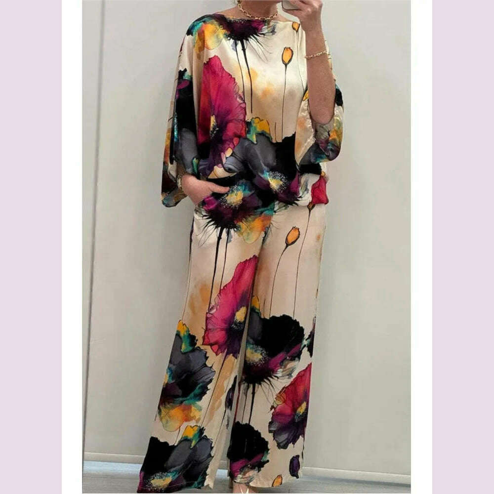 KIMLUD, Casual Sets for Women 2 pieces Summer Fashion Printed Satin Two Piece Sets Women Sexy Round Neck Top+Wide Leg Long Pants Outfits, KIMLUD Womens Clothes
