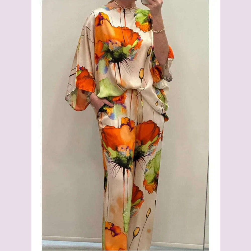 KIMLUD, Casual Sets for Women 2 pieces Summer Fashion Printed Satin Two Piece Sets Women Sexy Round Neck Top+Wide Leg Long Pants Outfits, KIMLUD Womens Clothes