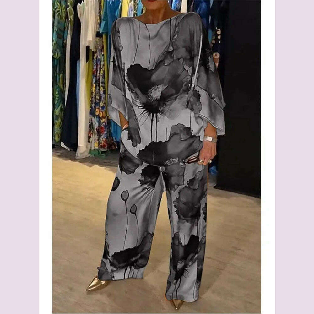 KIMLUD, Casual Sets for Women 2 pieces Summer Fashion Printed Satin Two Piece Sets Women Sexy Round Neck Top+Wide Leg Long Pants Outfits, KIMLUD Womens Clothes