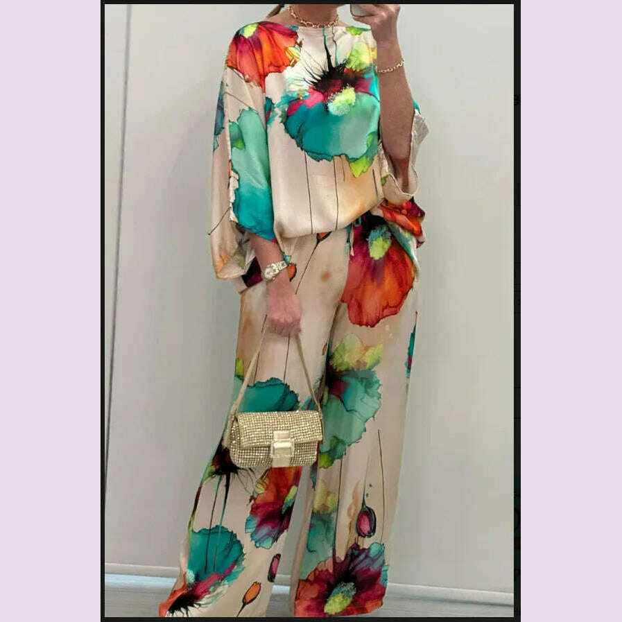 KIMLUD, Casual Sets for Women 2 pieces Summer Fashion Printed Satin Two Piece Sets Women Sexy Round Neck Top+Wide Leg Long Pants Outfits, KIMLUD Womens Clothes