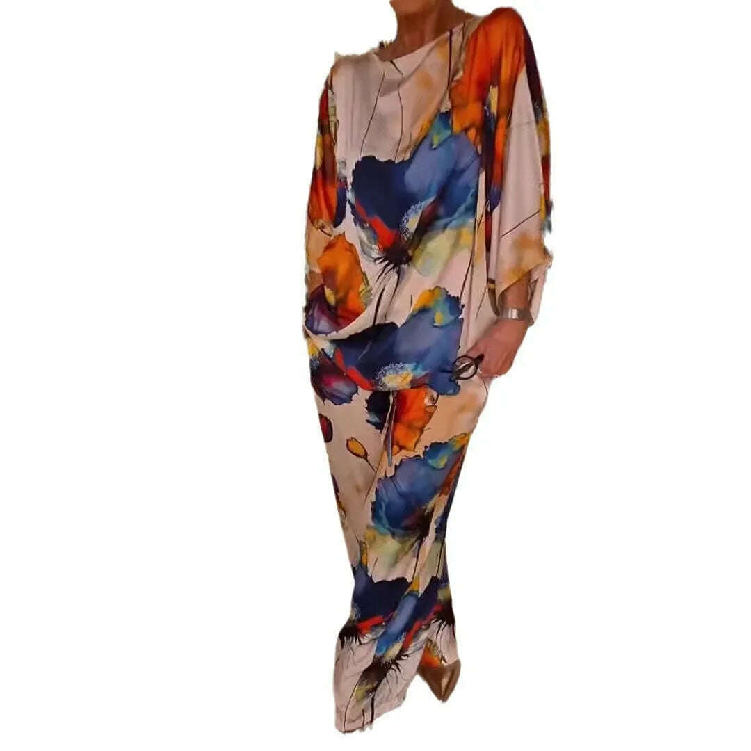 KIMLUD, Casual Sets for Women 2 pieces Summer Fashion Printed Satin Two Piece Sets Women Sexy Round Neck Top+Wide Leg Long Pants Outfits, KIMLUD Womens Clothes