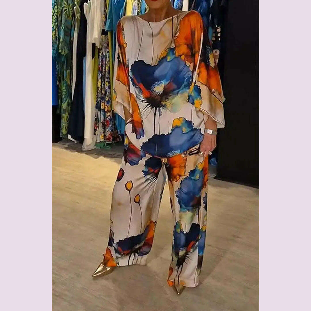 KIMLUD, Casual Sets for Women 2 pieces Summer Fashion Printed Satin Two Piece Sets Women Sexy Round Neck Top+Wide Leg Long Pants Outfits, Blue / XXL, KIMLUD APPAREL - Womens Clothes