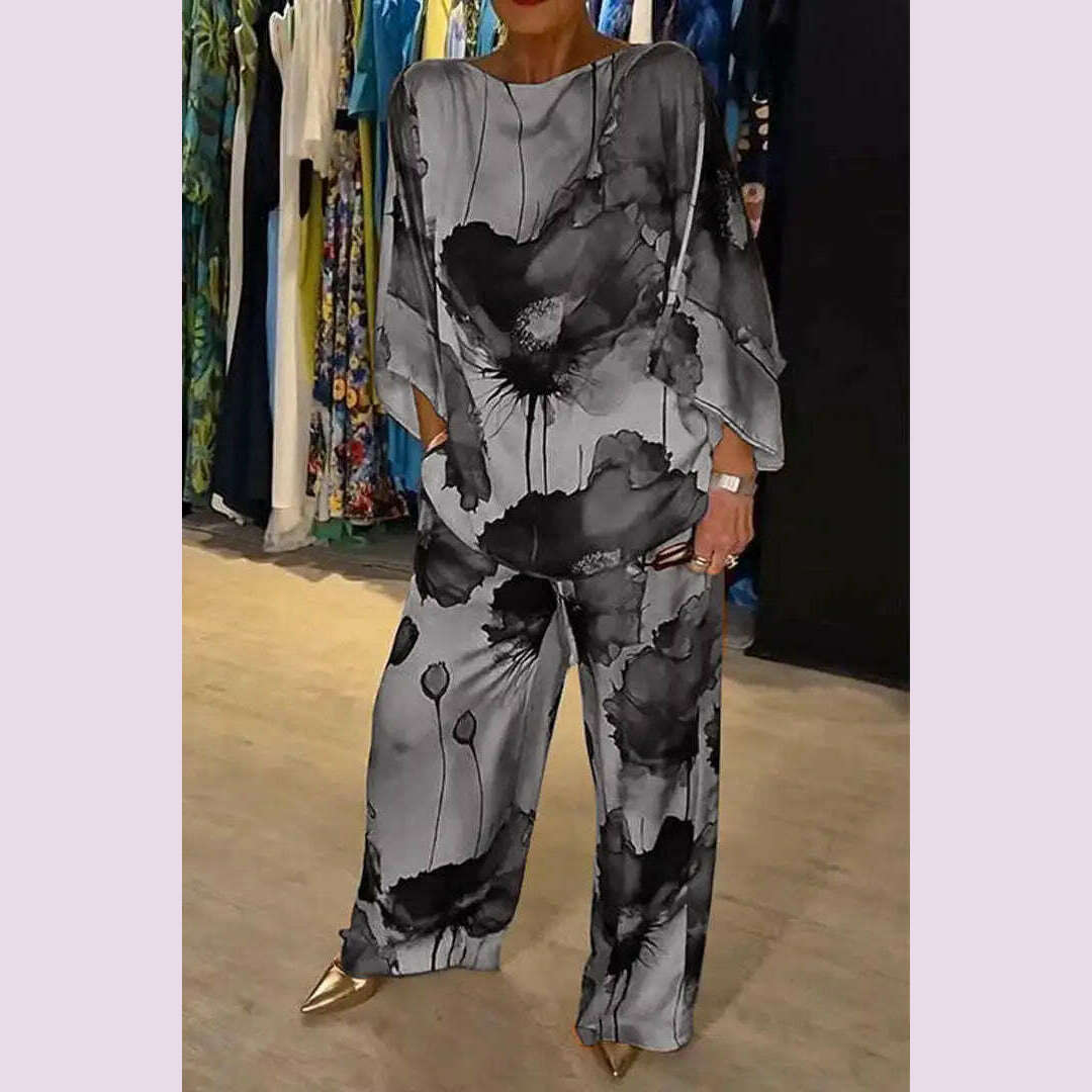 KIMLUD, Casual Sets for Women 2 pieces Summer Fashion Printed Satin Two Piece Sets Women Sexy Round Neck Top+Wide Leg Long Pants Outfits, GRAY / S, KIMLUD APPAREL - Womens Clothes