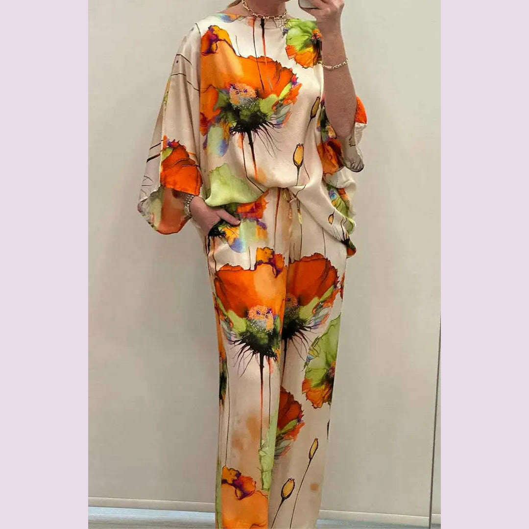KIMLUD, Casual Sets for Women 2 pieces Summer Fashion Printed Satin Two Piece Sets Women Sexy Round Neck Top+Wide Leg Long Pants Outfits, Orange / S, KIMLUD APPAREL - Womens Clothes
