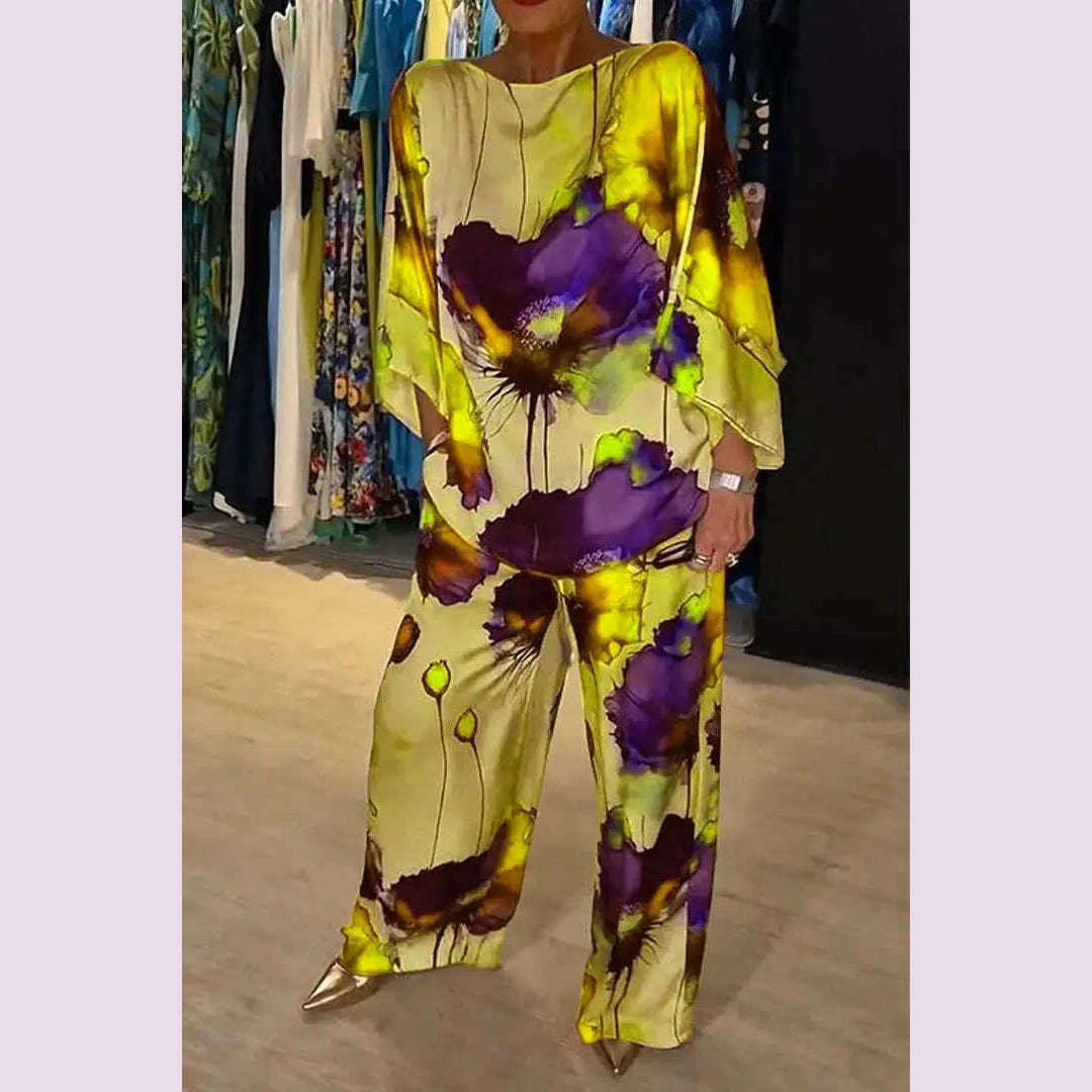 KIMLUD, Casual Sets for Women 2 pieces Summer Fashion Printed Satin Two Piece Sets Women Sexy Round Neck Top+Wide Leg Long Pants Outfits, Yellow / S, KIMLUD APPAREL - Womens Clothes