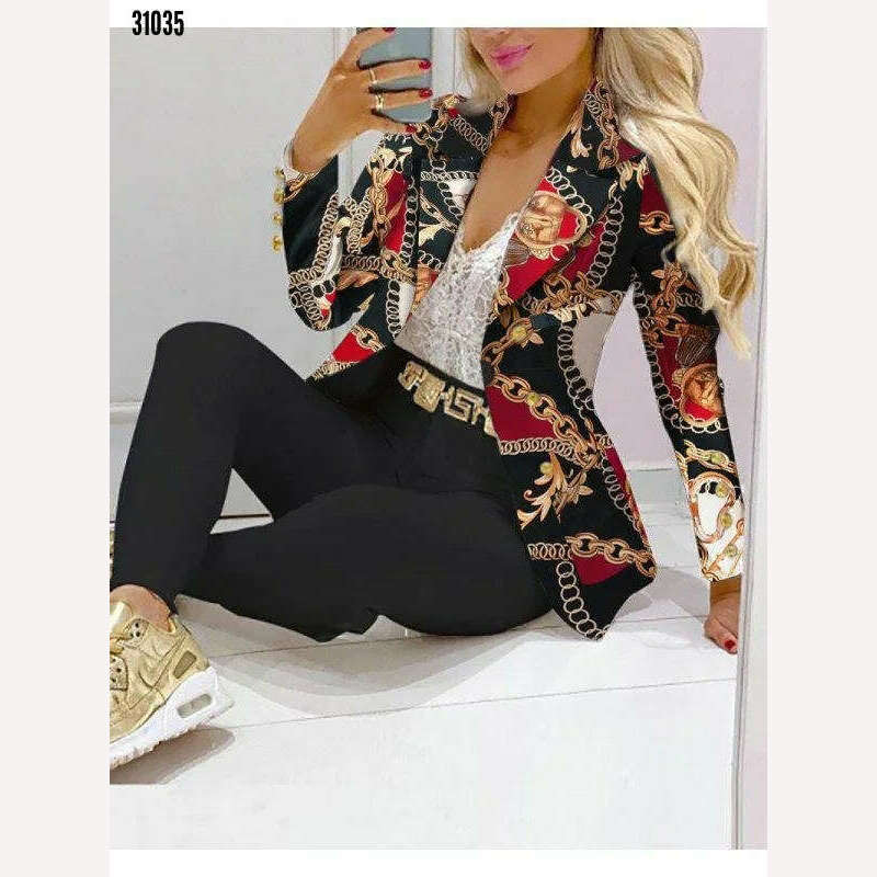 Casual Stripe Print Suit Coat Pants Set Office Lady Fashion Elegant Long Sleeve Top Trousers Two Piece Set Women Outfit 2023 - KIMLUD