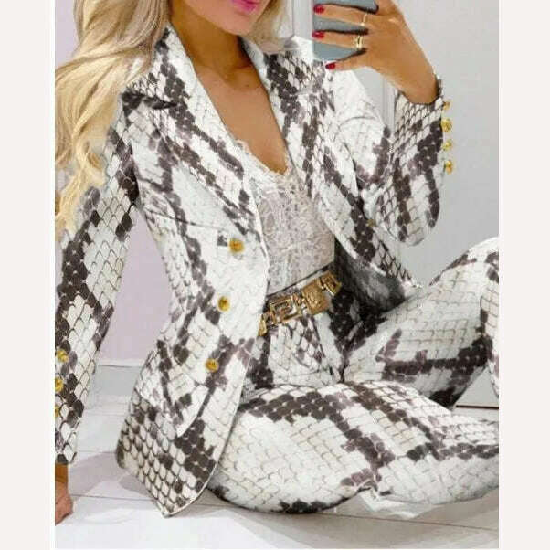 Casual Stripe Print Suit Coat Pants Set Office Lady Fashion Elegant Long Sleeve Top Trousers Two Piece Set Women Outfit 2023 - KIMLUD