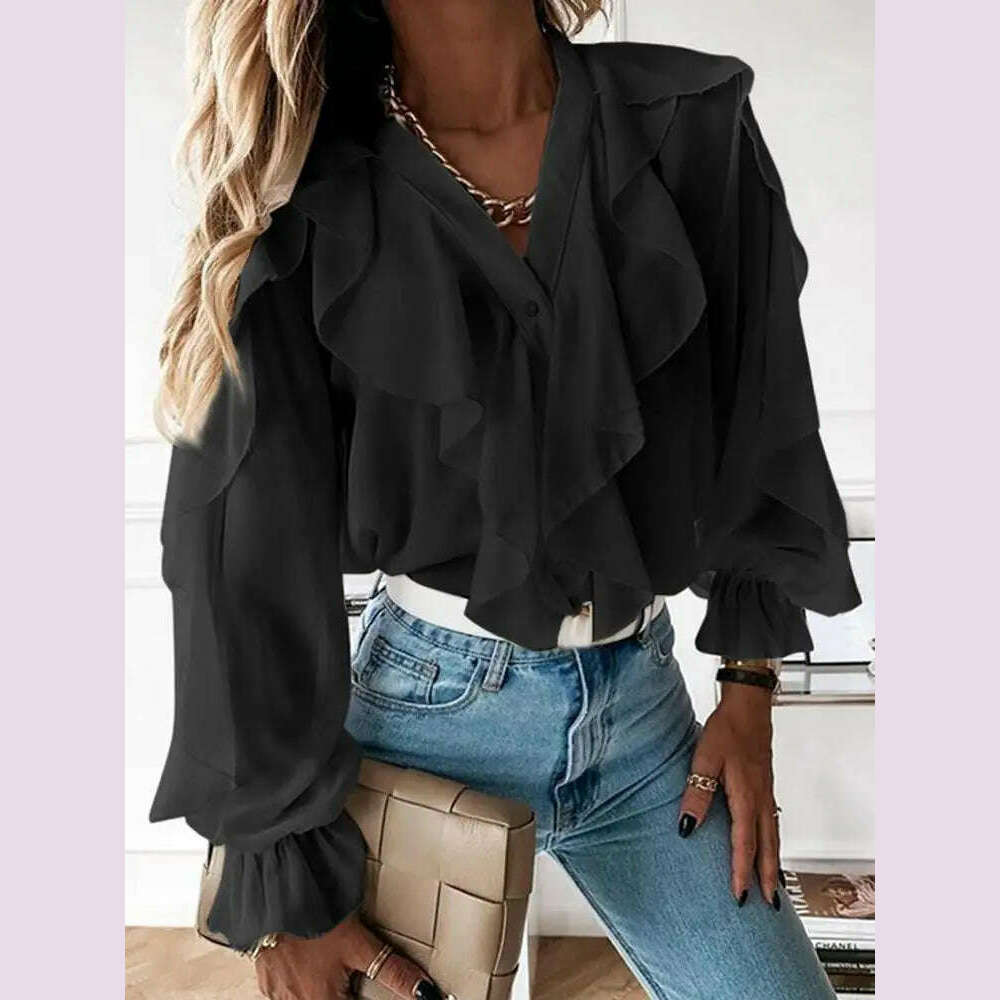 Casual Summer Tops Celmia Elegant Blouses 2023 Party Blusas Women Ruffled Fashion Sexy V neck Long Sleeve Buttons Shirt Feminina - KIMLUD