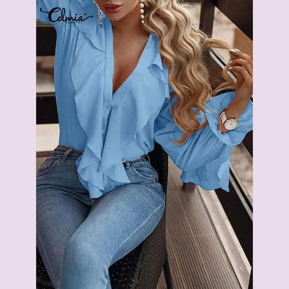 Casual Summer Tops Celmia Elegant Blouses 2023 Party Blusas Women Ruffled Fashion Sexy V neck Long Sleeve Buttons Shirt Feminina - KIMLUD