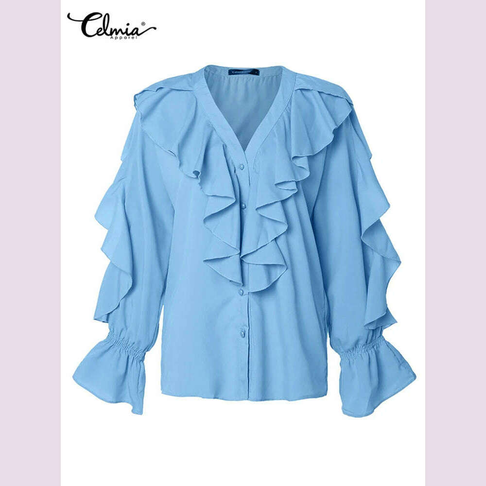 Casual Summer Tops Celmia Elegant Blouses 2023 Party Blusas Women Ruffled Fashion Sexy V neck Long Sleeve Buttons Shirt Feminina - KIMLUD