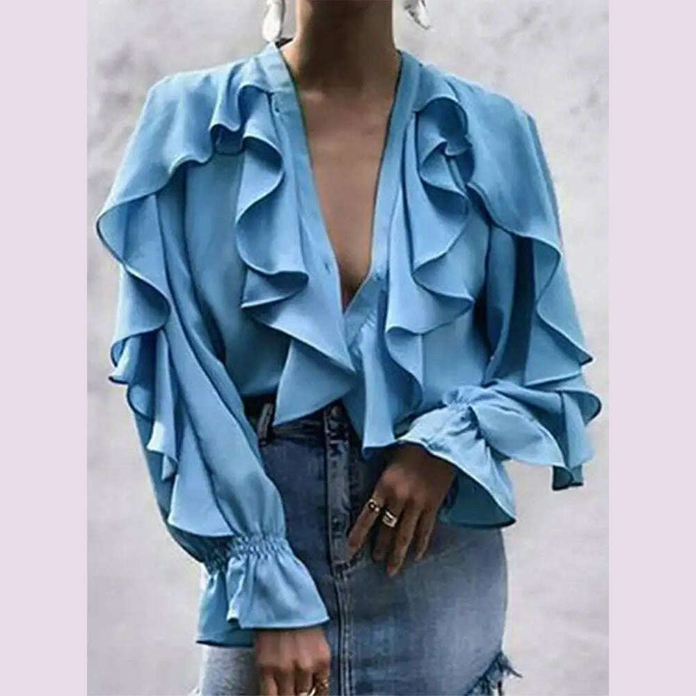 Casual Summer Tops Celmia Elegant Blouses 2023 Party Blusas Women Ruffled Fashion Sexy V neck Long Sleeve Buttons Shirt Feminina - KIMLUD