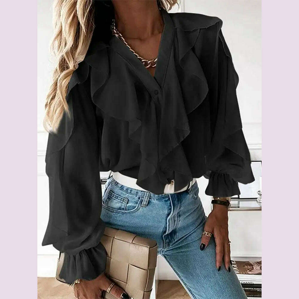 Casual Summer Tops Celmia Elegant Blouses 2023 Party Blusas Women Ruffled Fashion Sexy V neck Long Sleeve Buttons Shirt Feminina - KIMLUD