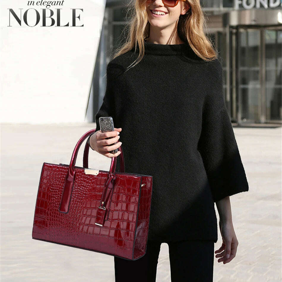 Casual Tote Sac Vintage Crocodile Pattern Patent Leather Luxury Handbags Brand Designer Large Capacity Shoulder Messenger Bag - KIMLUD