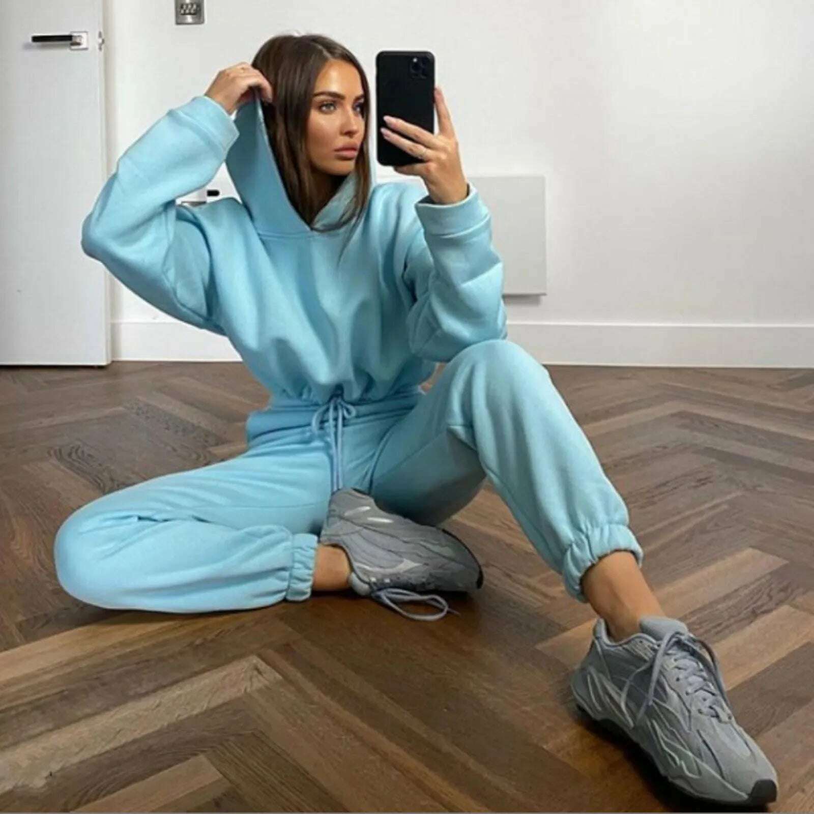 Casual Tracksuit Women Fleece 2 Pieces Set Solid Color Short Hooded Sportswear+high Waisted Sports Pants Set Female Outfits - KIMLUD