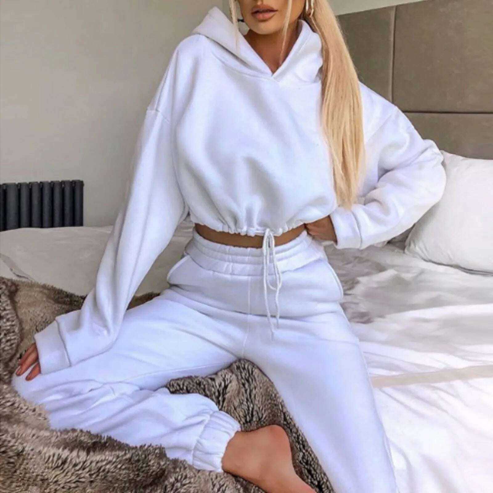 Casual Tracksuit Women Fleece 2 Pieces Set Solid Color Short Hooded Sportswear+high Waisted Sports Pants Set Female Outfits - KIMLUD