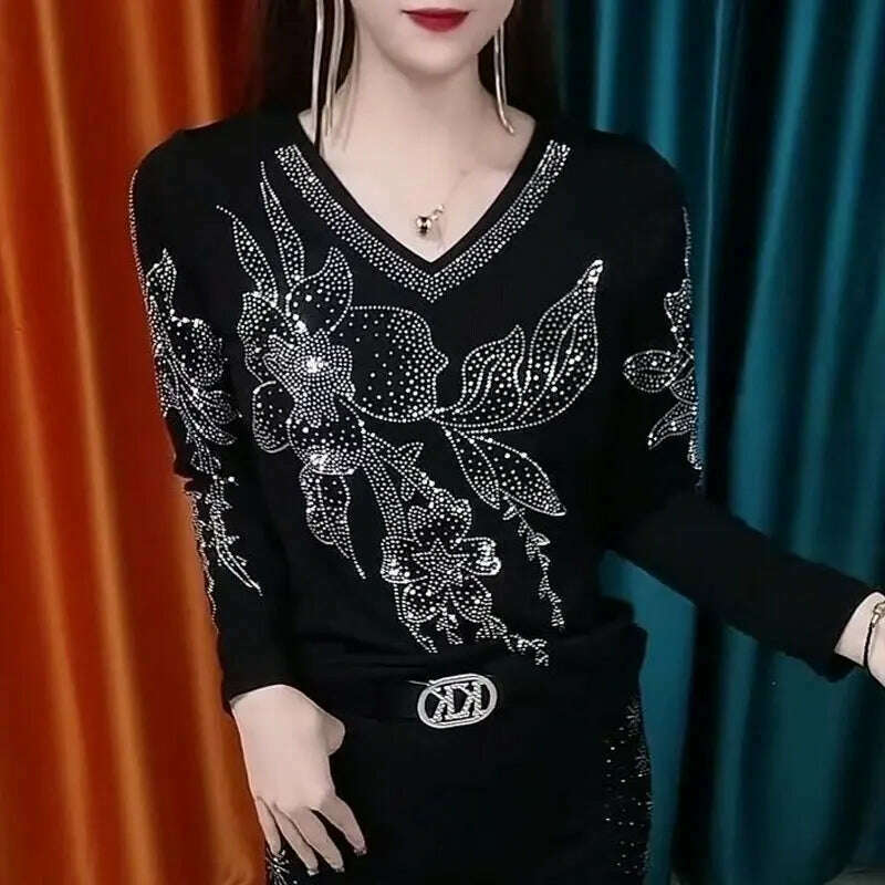 KIMLUD, Casual V-Neck Slim Pullovers 2023 Spring Autumn Long Sleeve All-match Women's Clothing Vintage Stylish Floral Diamonds T-shirt, black / M(45-50kg), KIMLUD Womens Clothes