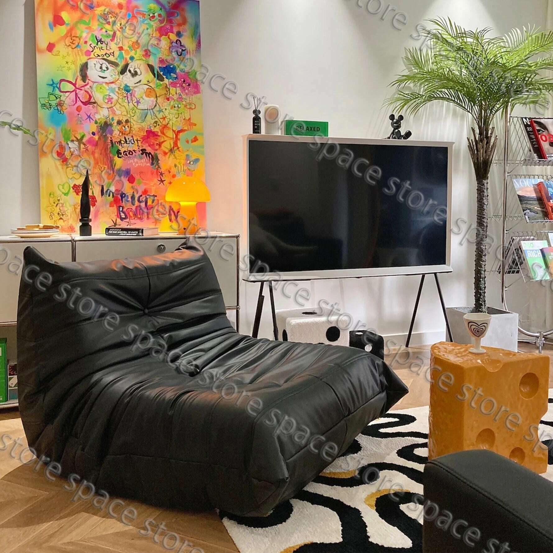 Caterpillar Sofa Living Room Single Bedroom Cloth Art Black Leather Lazy Man Sofa Bedroom Living Room Chair Sofa - KIMLUD