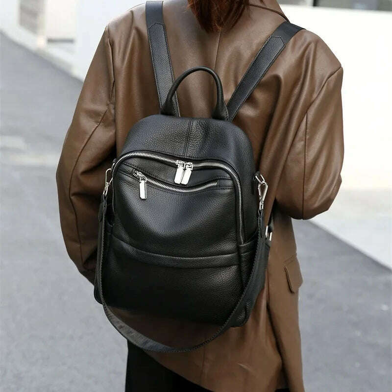 Causal Genuine Leather Backpack Women Double Shoulder First Layer Cow Leather Travel Bags Real Cowhide Ladies Leather Backpack - KIMLUD