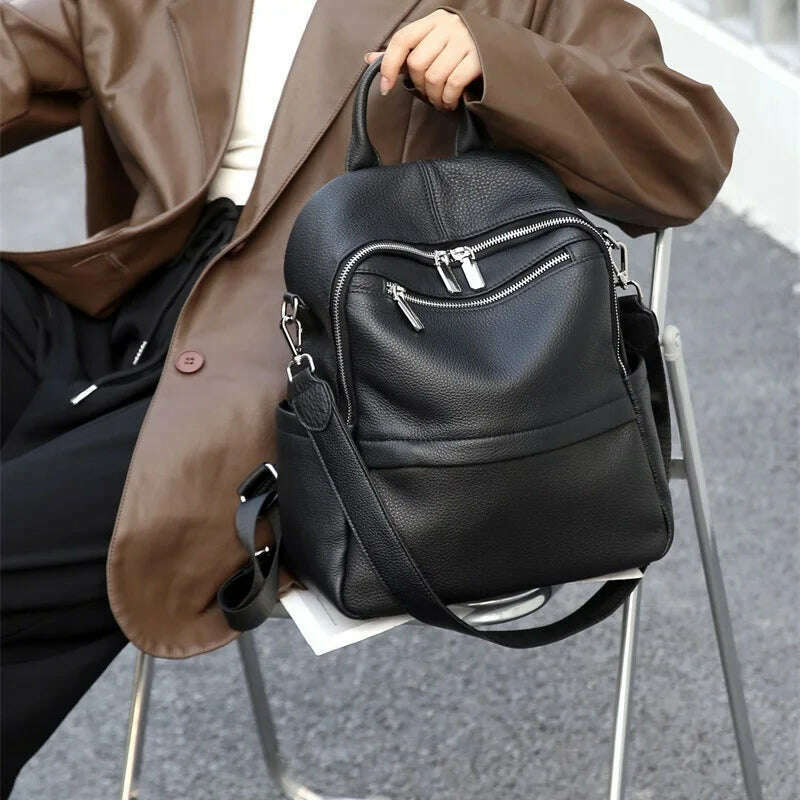 Causal Genuine Leather Backpack Women Double Shoulder First Layer Cow Leather Travel Bags Real Cowhide Ladies Leather Backpack - KIMLUD