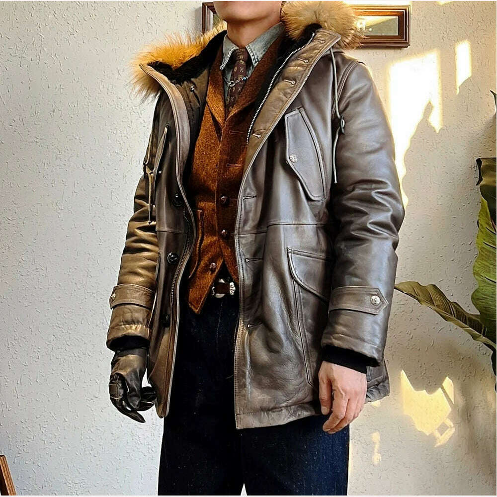 KIMLUD, CD2375 Red Tornado Big Size Super Warm Mens Genuine Cow Leather 90% Duck Feather Jacket Long N3B Coat, KIMLUD Womens ClothesKIMLUD, CD2375 Red Tornado Big Size Super Warm Mens Genuine Cow Leather 90% Duck Feather Jacket Long N3B Coat, S 114cm chest / CHINA, KIMLUD APPAREL - Womens Clothes