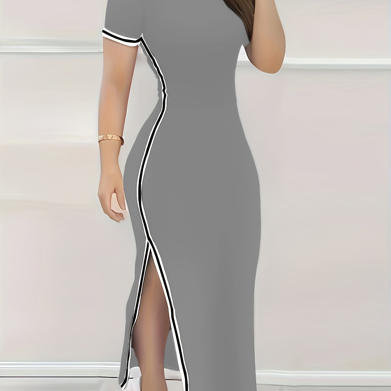 Contrast Trim Split Hem Bodycon Dress, Elegant Crew Neck Short Sleeve Dress For Spring & Summer, Women's Clothing