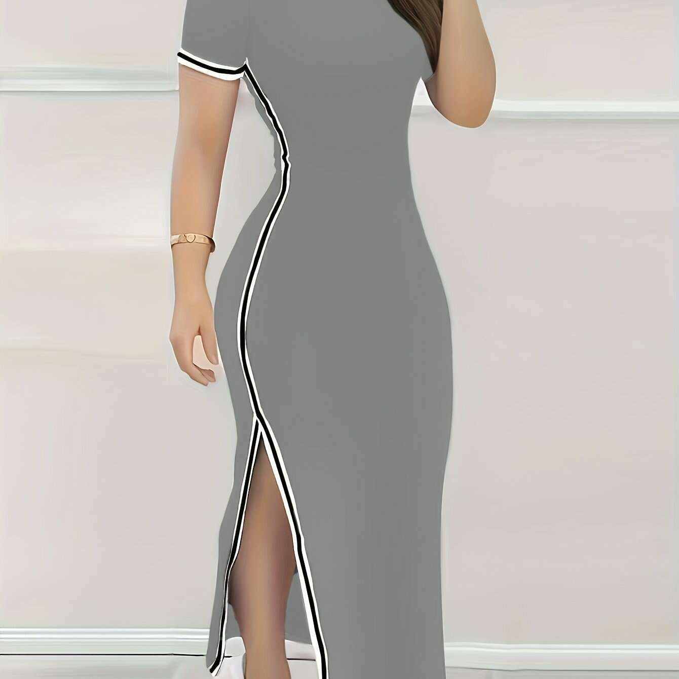 contrast-trim-split-hem-bodycon-dress-elegant-crew-neck-short-sleeve-dress-for-spring-summer-womens-clothingkimlud-womens-fashion-34625808