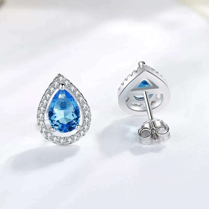 KIMLUD, CellaCity 925 Silver Ear Studs For Women Water Drop Shaped Earrings Blue Zircon Female Seaside Wedding Jewelry Tears Of Angels, KIMLUD Womens Clothes