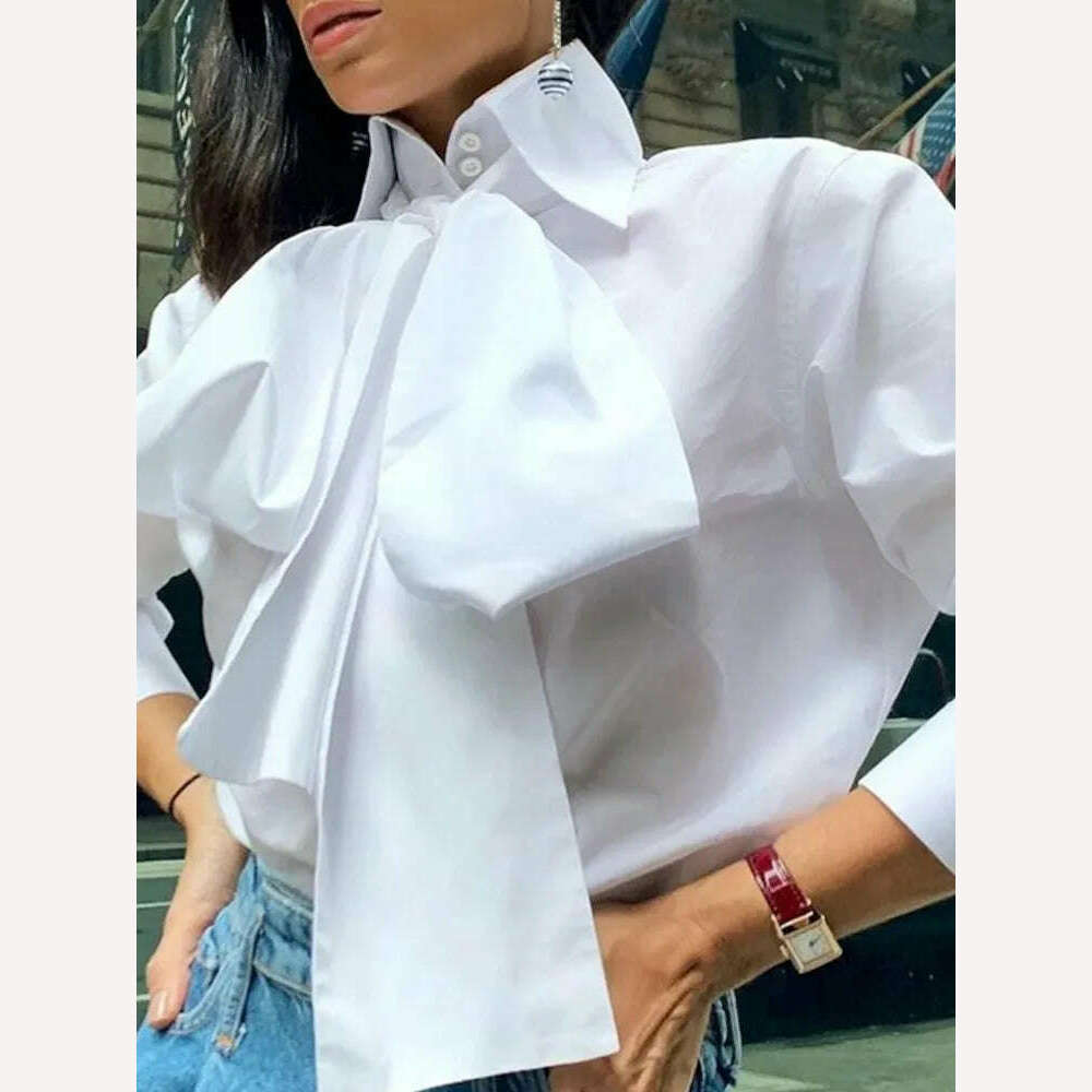 KIMLUD, Celmia Women Bow Tie Neck White Shirts 2023 Fashion Long Sleeve Chemise Casual Elegant Party Blouse Solid Blusas Tops Femininas, WHITE / XXL, KIMLUD Womens Clothes