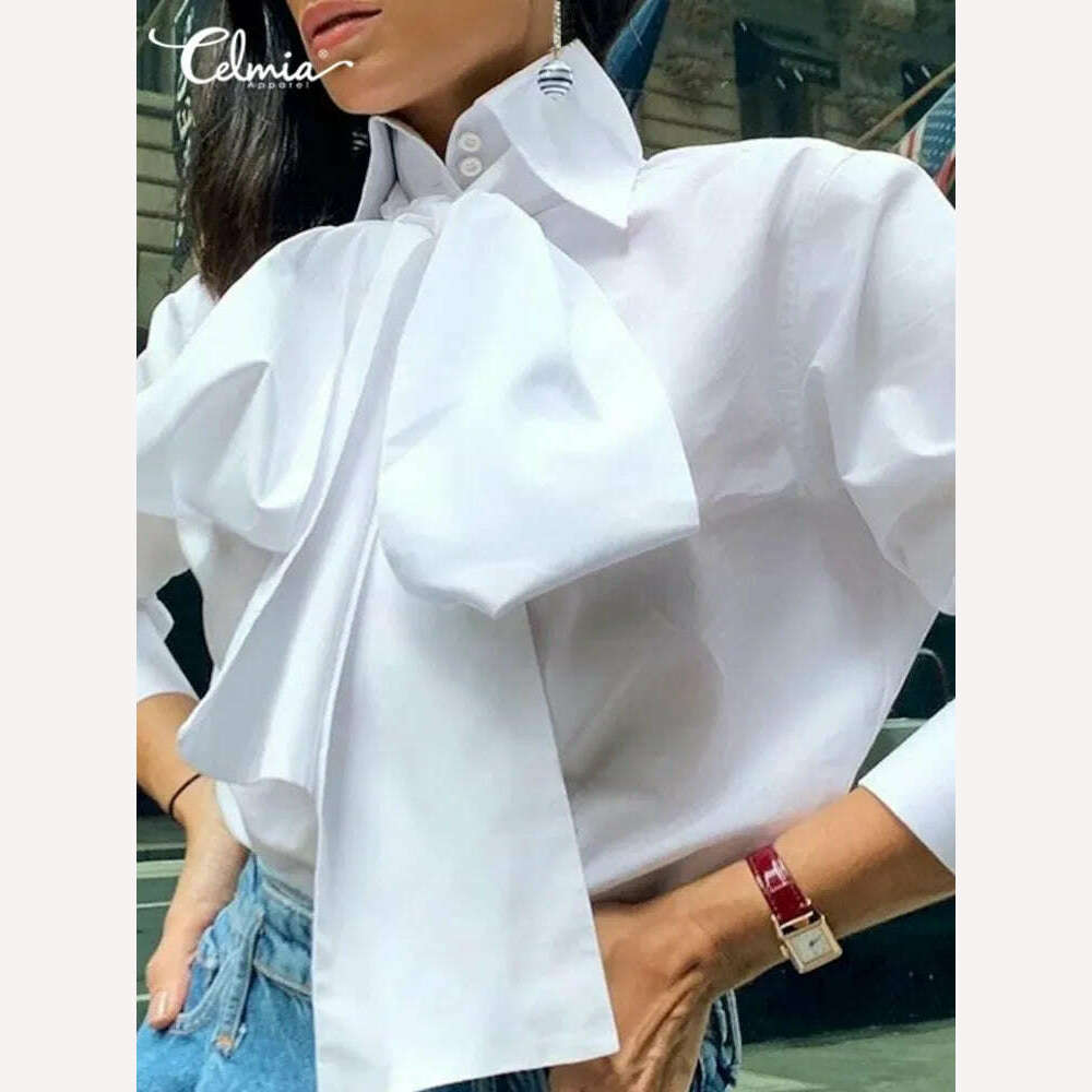 KIMLUD, Celmia Women Bow Tie Neck White Shirts 2023 Fashion Long Sleeve Chemise Casual Elegant Party Blouse Solid Blusas Tops Femininas, KIMLUD Womens Clothes