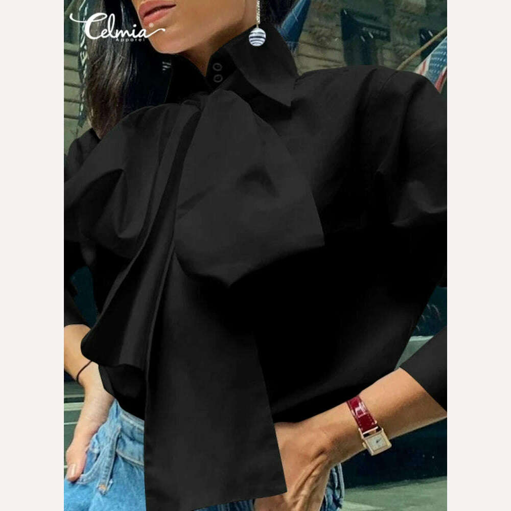 KIMLUD, Celmia Women Bow Tie Neck White Shirts 2023 Fashion Long Sleeve Chemise Casual Elegant Party Blouse Solid Blusas Tops Femininas, KIMLUD Womens Clothes