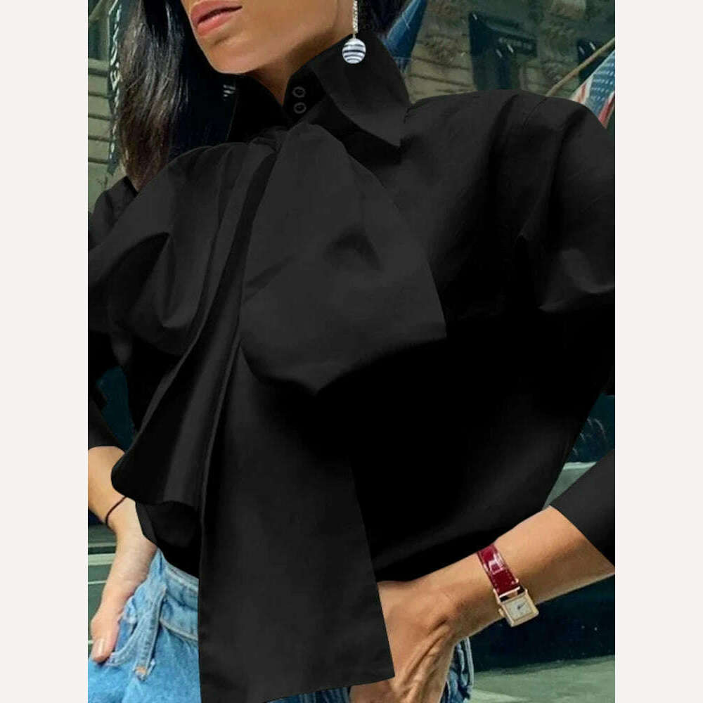 KIMLUD, Celmia Women Bow Tie Neck White Shirts 2023 Fashion Long Sleeve Chemise Casual Elegant Party Blouse Solid Blusas Tops Femininas, Black / XXL, KIMLUD Womens Clothes