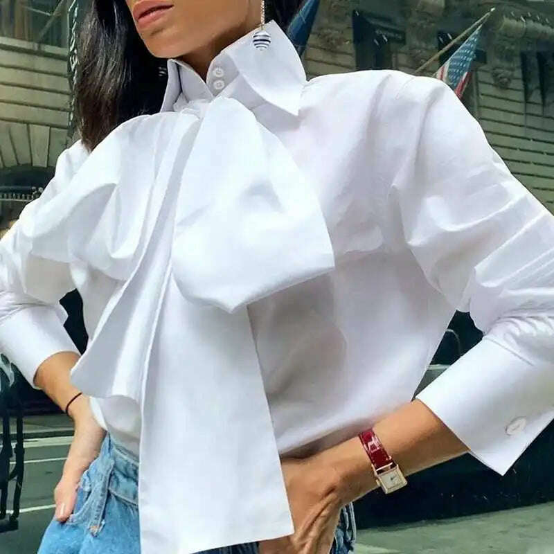 KIMLUD, Celmia Women Bow Tie Neck White Shirts 2023 Fashion Long Sleeve Chemise Casual Elegant Party Blouse Solid Blusas Tops Femininas, KIMLUD Womens Clothes