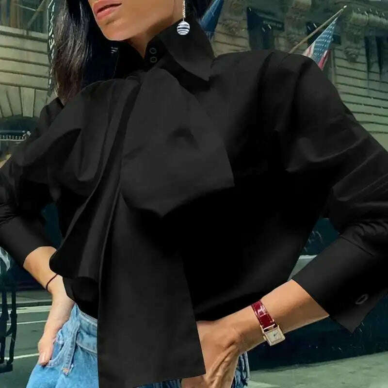 KIMLUD, Celmia Women Bow Tie Neck White Shirts 2023 Fashion Long Sleeve Chemise Casual Elegant Party Blouse Solid Blusas Tops Femininas, KIMLUD Womens Clothes