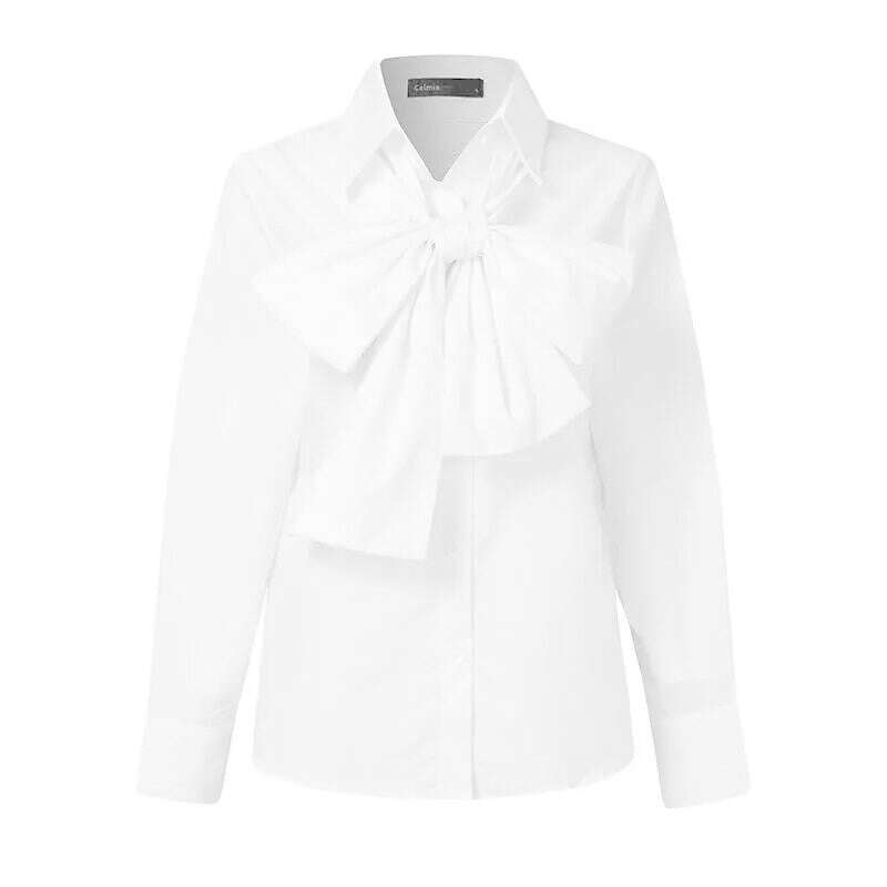 KIMLUD, Celmia Women Bow Tie Neck White Shirts 2023 Fashion Long Sleeve Chemise Casual Elegant Party Blouse Solid Blusas Tops Femininas, KIMLUD Womens Clothes