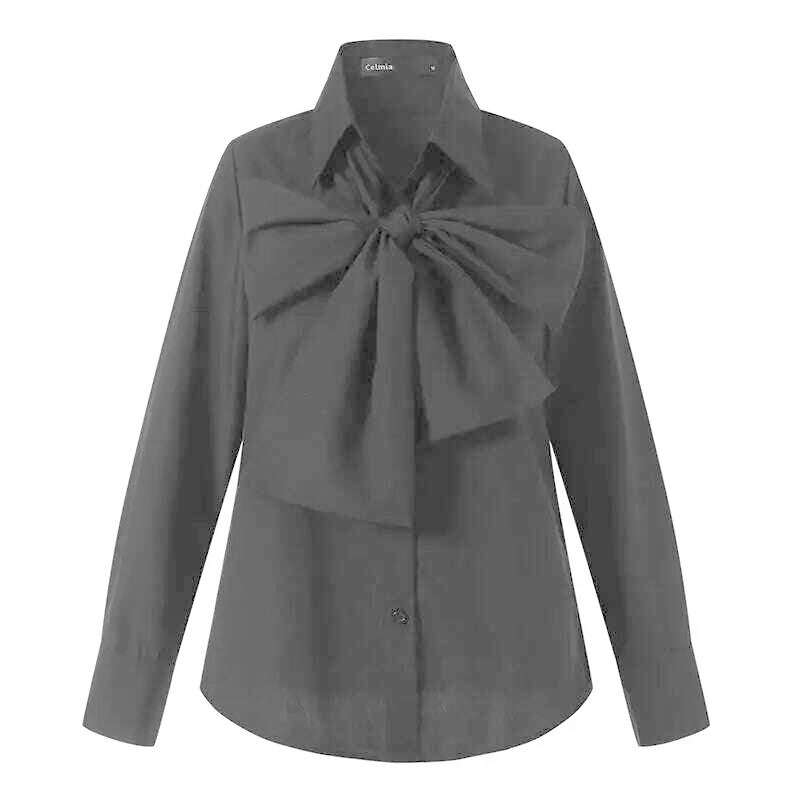 KIMLUD, Celmia Women Bow Tie Neck White Shirts 2023 Fashion Long Sleeve Chemise Casual Elegant Party Blouse Solid Blusas Tops Femininas, KIMLUD Womens Clothes